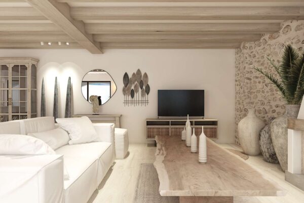Imagen Materiales Sostenibles y Naturales Sala de estar personalizada con muebles a medida y detalles decorativos únicos, reflejando un diseño de interiores exclusivo.