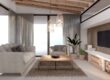 Salón moderno en tonos terracota y beige con muebles de madera clara y detalles en verde, inspirado en las tendencias de diseño de interiores 2024