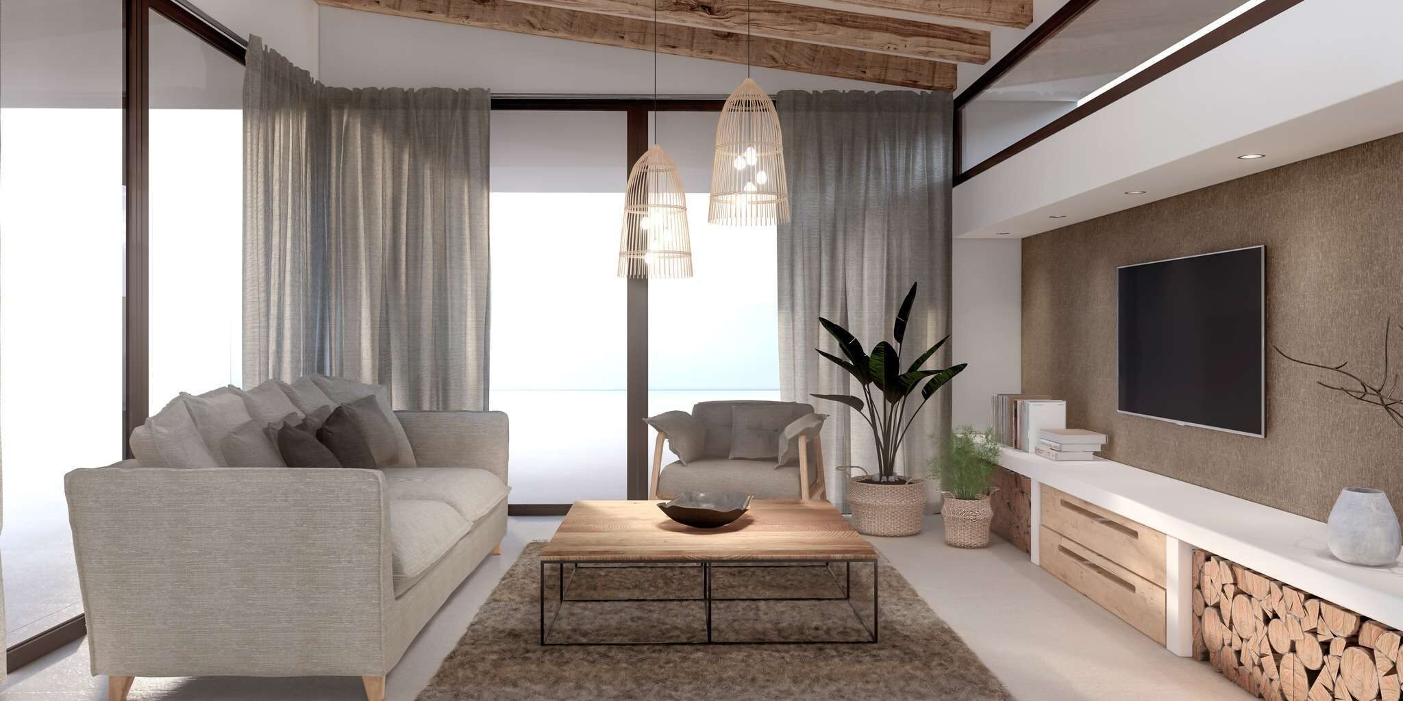 Images paleta de colores naturales y calidos Salón moderno en tonos terracota y beige con muebles de madera clara y detalles en verde, inspirado en las tendencias de diseño de interiores 2024