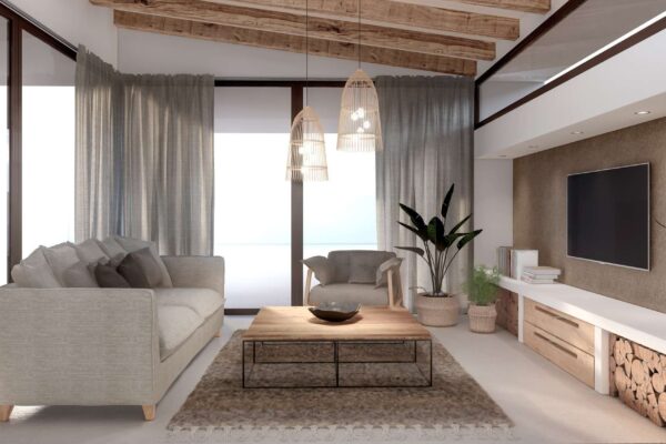 Images paleta de colores naturales y calidos Salón moderno en tonos terracota y beige con muebles de madera clara y detalles en verde, inspirado en las tendencias de diseño de interiores 2024