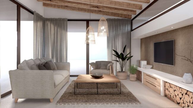 Salón moderno en tonos terracota y beige con muebles de madera clara y detalles en verde, inspirado en las tendencias de diseño de interiores 2024