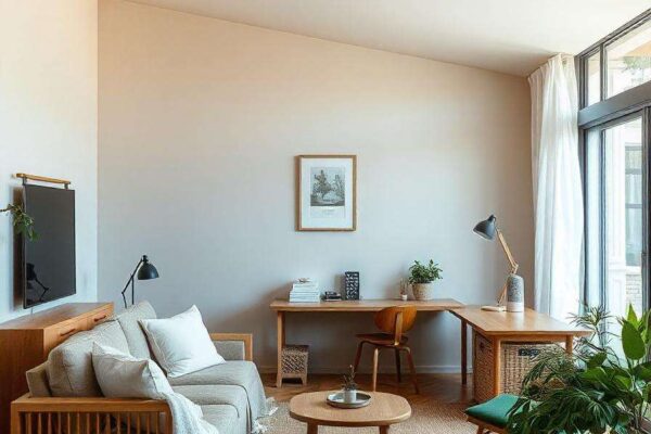 Sala de estar moderna con tonos cálidos de terracota, beige y verde, mostrando tendencias de diseño de interiores 2024. Espacio multifuncional con muebles sostenibles de madera reciclada y piedra natural, un rincón de lectura acogedor y escritorio integrado, iluminado con luces LED ambientales para crear una atmósfera cálida y contemporánea.