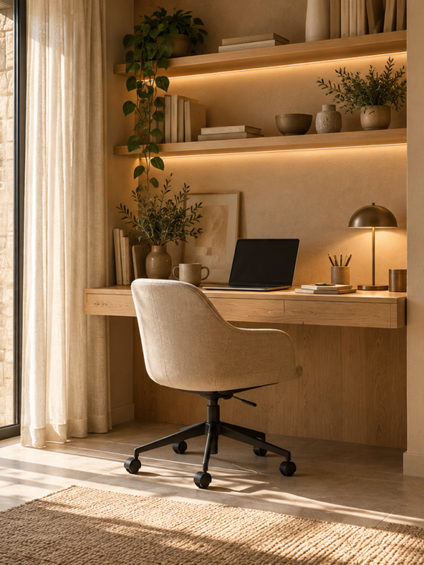 02-teletrabajo-luz-natural Escritorio integrado en un salón con paneles de madera y luz natural lateral». Adáptalo a lo que muestre la imagen definitiva.