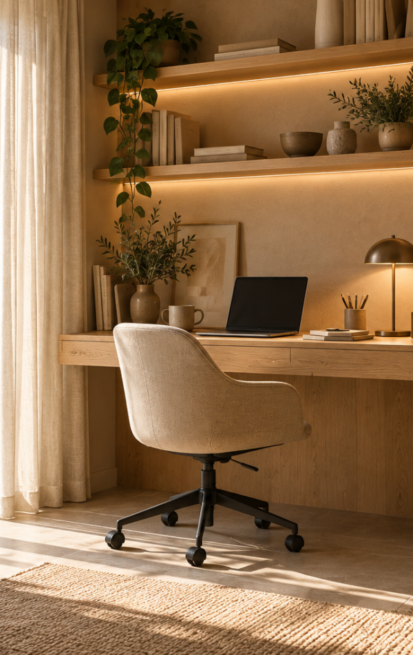 02-teletrabajo-luz-natural Escritorio integrado en un salón con paneles de madera y luz natural lateral». Adáptalo a lo que muestre la imagen definitiva.
