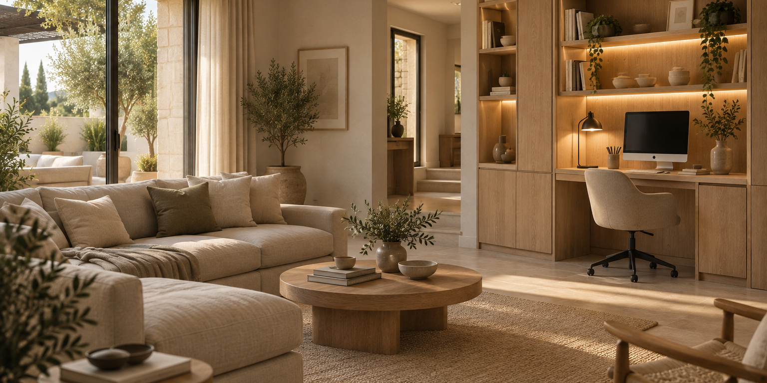 03-escritorio-en-salon Escritorio integrado en un salón con paneles de madera y luz natural lateral». Adáptalo a lo que muestre la imagen definitiva.