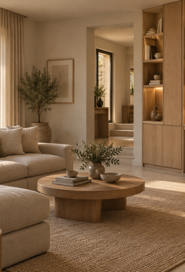 03-escritorio-en-salon Escritorio integrado en un salón con paneles de madera y luz natural lateral». Adáptalo a lo que muestre la imagen definitiva.