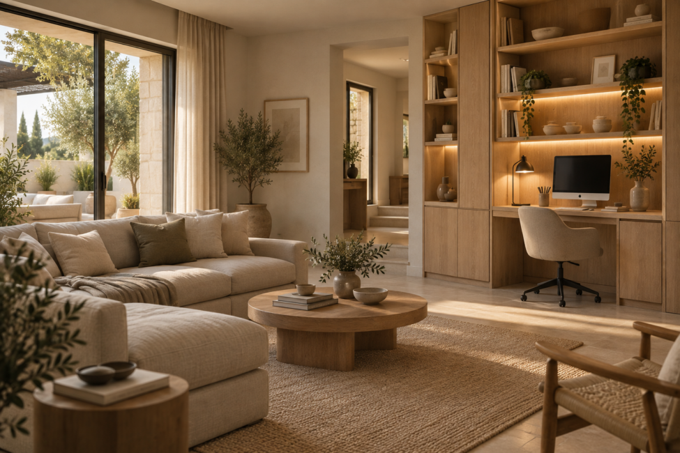 Escritorio integrado en un salón con paneles de madera y luz natural lateral». Adáptalo a lo que muestre la imagen definitiva.