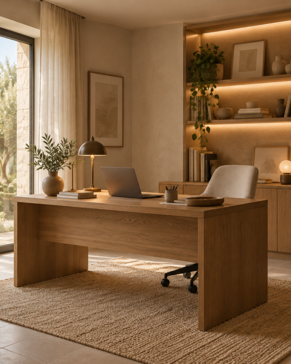 04-despacho-independiente Escritorio integrado en un salón con paneles de madera y luz natural lateral». Adáptalo a lo que muestre la imagen definitiva.