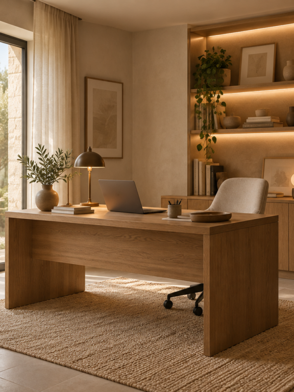 04-despacho-independiente Escritorio integrado en un salón con paneles de madera y luz natural lateral». Adáptalo a lo que muestre la imagen definitiva.
