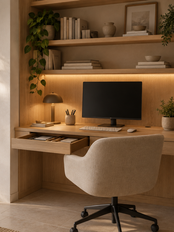 05-almacenamiento-escritorio Escritorio integrado en un salón con paneles de madera y luz natural lateral». Adáptalo a lo que muestre la imagen definitiva.