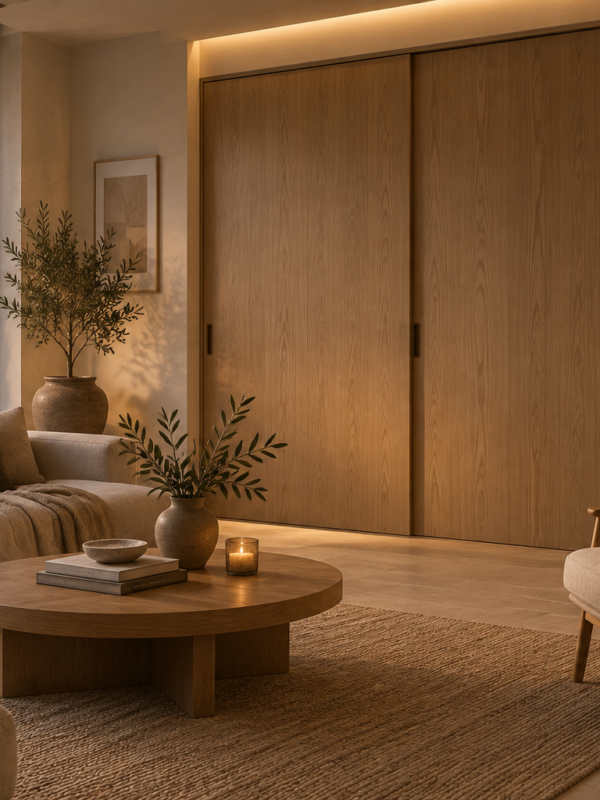 06-desconectar-en-casa Escritorio integrado en un salón con paneles de madera y luz natural lateral». Adáptalo a lo que muestre la imagen definitiva.